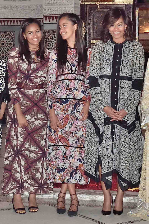 Sasha and Malia Obama dress in long printed and paisley dresses for a dinner with Princess Lalla Salma in Marrakech, June 2016